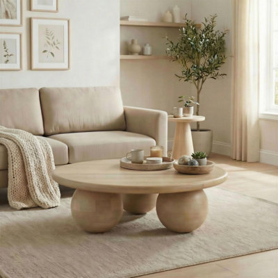 B&Q -  Olympus Coffee TableRound White Oak Wood Sphere LegRound Coffee TableWooden Coffee Table