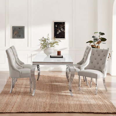 B&Q -  Skye Rectangular White Marble Glass And Metal 6 Seater Dining Table And ChairsMarble Effect Dining Table And Chairs