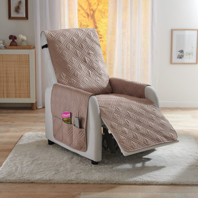  - Biscuit Quilted Recliner Chair Cover With Side Pockets & Straps Water & Stain Resistant 190X60Cm