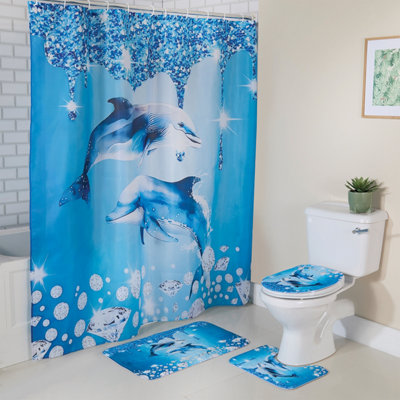 4-Piece Dolphin Bathroom SetShower Curtain With Mats & Toilet Lid Cover from B&Q