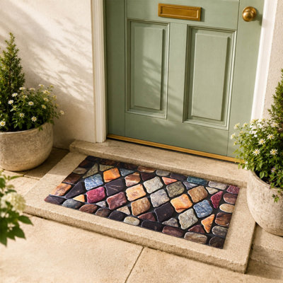  - Diamond Stone Effect Heavy Duty Doormat With Anti  Slip Rubber Backing   L75 X W45Cm