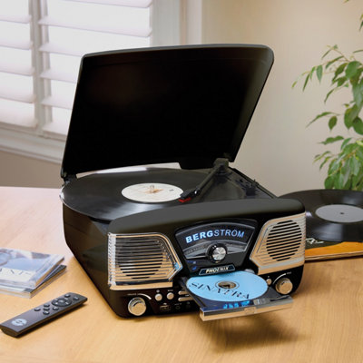 Bergstrom Phoenix Retro Music System In Black With Turntable, Cd, Dab/fm Radio, Bluetooth & Mp3 Recording