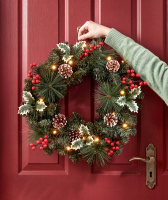 B&Q -  50Cm Christmas Wreath Led Holly Pinecones Berries
