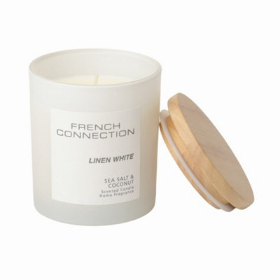 French Connection Pastel Range Scented Container Candle | Shea Butter Wax | Frosted Glass Jar Bamboo Lid | Round Shape | (Medium, Linen White) - Image 5