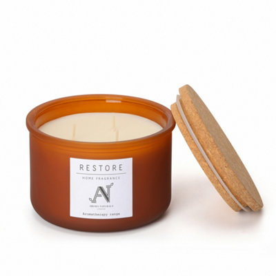 B&Q -  EucalyptusSaffronPlum Scented Candle -Amber Glass With Cork Lid