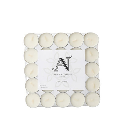 Aroma Naturals Unscented Tealights 50 Pack White Wax Candles 4H Burn Time from B&Q