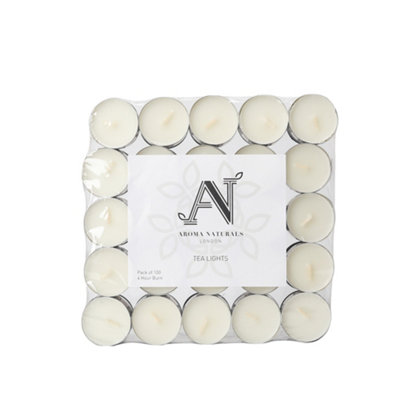 Aroma Naturals Unscented Tealights 100 Pack White Wax Candles 4H Burn Time from B&Q