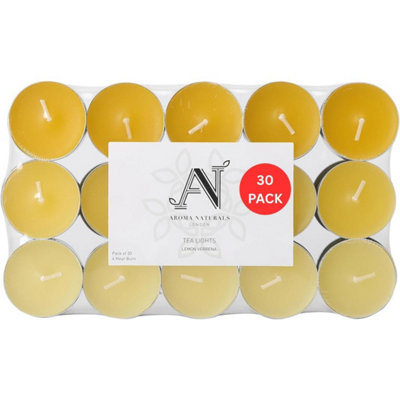 Aroma Naturals Tealights 30 Pack Lemon Verbena Scented Wax 4H Burn Time from B&Q