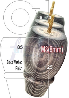 L&F 4 Replacement Furniture Bun Feet Black Washed Turned Wooden Legs 125mm High M8 Pkc342 from B&Q