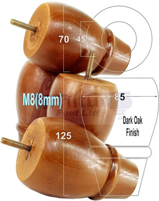 L&F 4 Replacement Furniture Bun Feet Dark Oak Turned Wooden Legs 125mm High M8 Pkc342 from B&Q