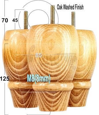 L&F 4 Replacement Furniture Bun Feet Oak Wash Turned Wooden Legs 125mm High M8 Pkc342 from B&Q