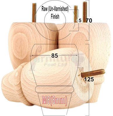L&F 4 Replacement Furniture Bun Feet Raw Unfinished Turned Wooden Legs 125mm High M8 Pkc342 from B&Q