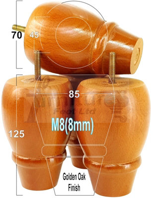 L&F 4 Replacement Furniture Bun Feet Golden Oak Turned Wooden Legs 125mm High M8 Pkc342 from B&Q