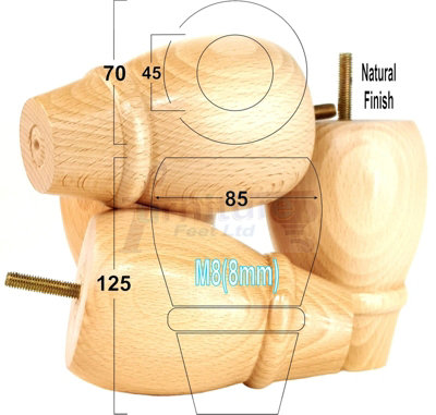 L&F 4 Replacement Furniture Bun Feet Natural Turned Wooden Legs 125mm High M8 Pkc342 from B&Q