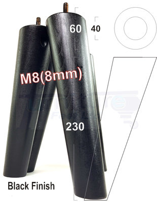 L&F 4 Solid Wood Turned Furniture Legs Replacement Mid Century Angled Retro Feet 230mm High M8 Black from B&Q