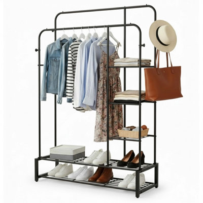 Divchi Double Rail Clothes Rack With Shoe Shelf  Space Saving Black Garment Stand from B&Q