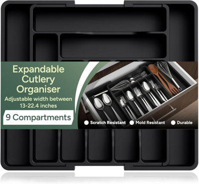 Zuvo Expandable Cutlery Drawer Organiser Black Adjustable Utensil Tray For Kitchen Storage Use from B&Q