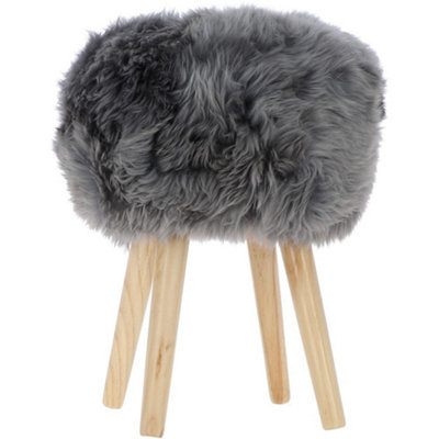 B&Q -  Fenland's Real Sheepskin Handmade Stool Grey With Wooden Legs(H) 50Cm (Diameter) 39Cm