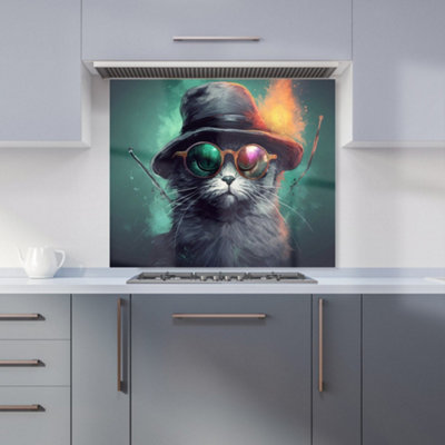 Warren Reed Designer Fiery Cat In A Hat Kitchen Splashback