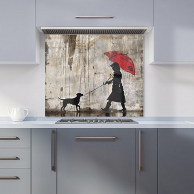 Warren Reed Designer Rainy Day Walk With Red Umbrella Kitchen Splashback from B&Q