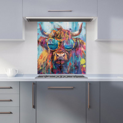 Warren Reed Designer Splashart Highland Cow With Glasses Kitchen Splashback from B&Q