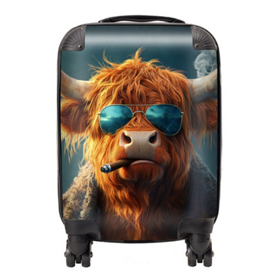 Warren Reed Designer Highland Cow With Glasses SuitcaseMini Cabin from B&Q