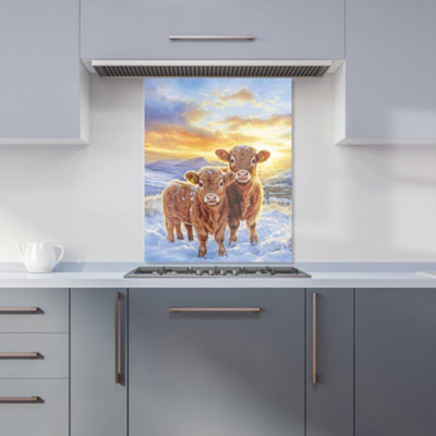 Warren Reed Designer Snowy Baby Highland Cows Kitchen Splashback from B&Q