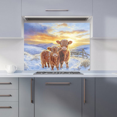 Warren Reed Designer Snowy Baby Highland Cows Kitchen Splashback from B&Q