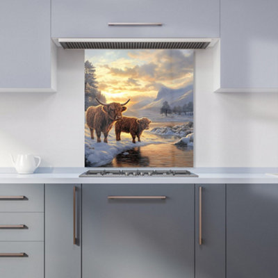 Warren Reed Designer Highland Cows By The Lake Kitchen Splashback