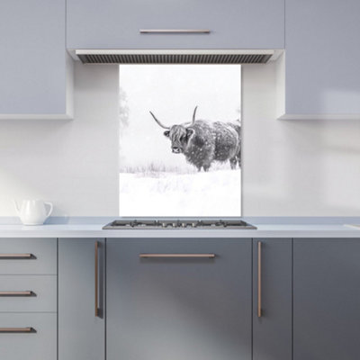 Warren Reed Designer Snowy Black And White Highland Cow Kitchen Splashback from B&Q