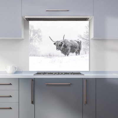Warren Reed Designer Snowy Black And White Highland Cow Kitchen Splashback from B&Q