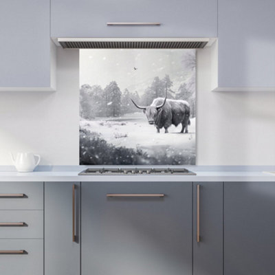 Warren Reed Designer Snow Storm Highland Cow Kitchen Splashback from B&Q
