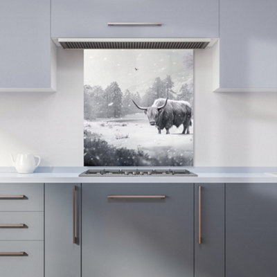 Warren Reed Designer Snow Storm Highland Cow Kitchen Splashback from B&Q