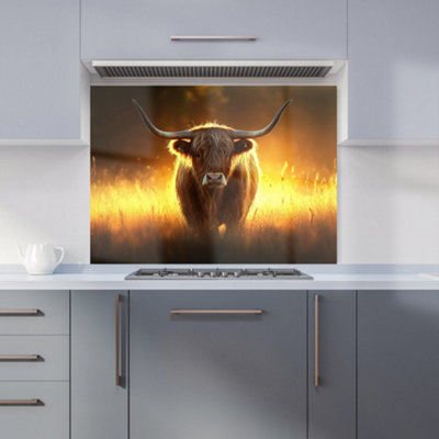 Warren Reed Designer Highland Cow Sunset Kitchen Splashback from B&Q
