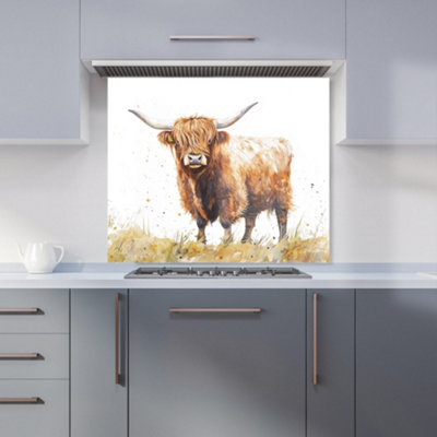 Warren Reed Designer Watercolour Highland Cow Kitchen Splashback from B&Q