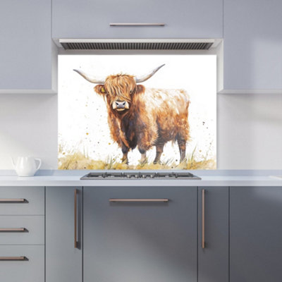 Warren Reed Designer Watercolour Highland Cow Kitchen Splashback from B&Q
