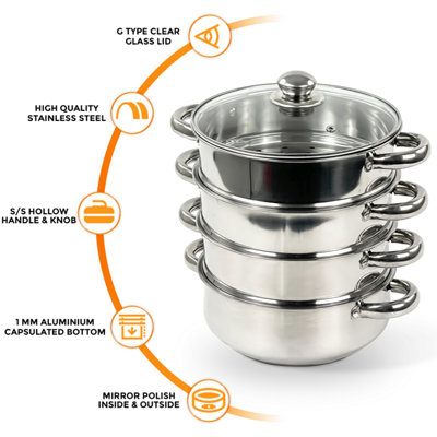 Crystals 4Tier 24Cm Steel Induction Hob Steamer Multi Veg S/s Cooker Pot Pan W Glass Lid from B&Q