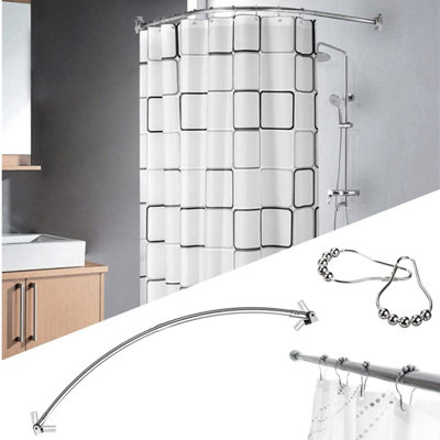 CRYSTALS Standard Curved Extensible Steel Chrome Bathtub Shower Curtain Rod Rail + Hooks