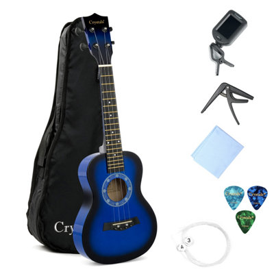 Crystals 23" Blue Concert Ukulele Beginner Uke With Felt Pick & Spare Strings