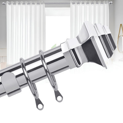 Bedlooms Metal Curtain Pole 28mm- Lamp Square Finials Strong Extendable Durable Rod Chrome 160-300 Cm63''- 118'' from B&Q