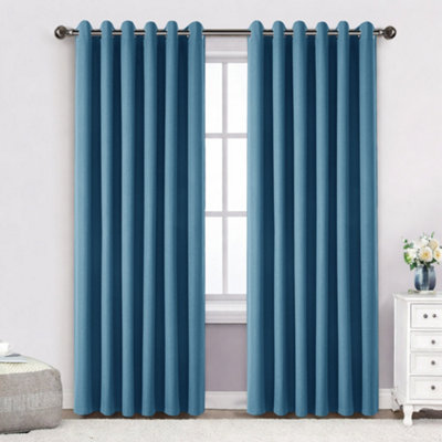 Bedlooms Blue Linen Curtain 100% Blackout Thermal Insulated Eyelet Curtain (Pair) 66 X 72 Inches With Tie Back Two from B&Q
