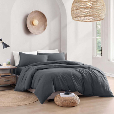 Bedlooms Charcoal  Plain Dyed Duvet Cover Complete Bedding SetBreathable & Anti-Allergic MicrofiberSingle 135X200Cm from B&Q