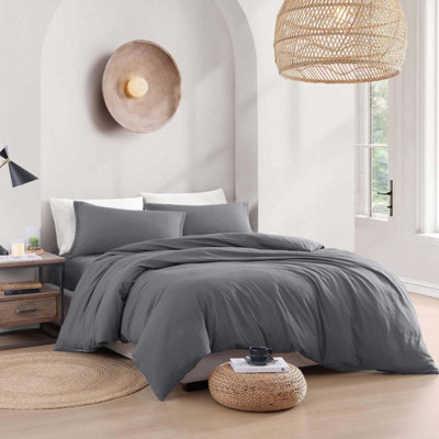 Bedlooms Grey Plain Dyed Duvet Cover Complete Bedding SetBreathable & Anti-Allergic MicrofiberSuper King 260X220Cm from B&Q