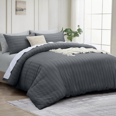 Bedlooms Charcoal Stripe Duvet Cover Complete Bedding SetBreathable & Anti-Allergic MicrofiberSingle 135X200Cm from B&Q