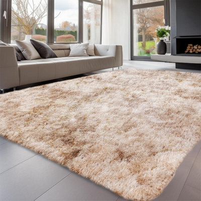 B&Q -  Tie Dye Beige Non-Slip Shaggy Rug 200X290CmModern Area Rug Living Room Bedroom Hall Rugs