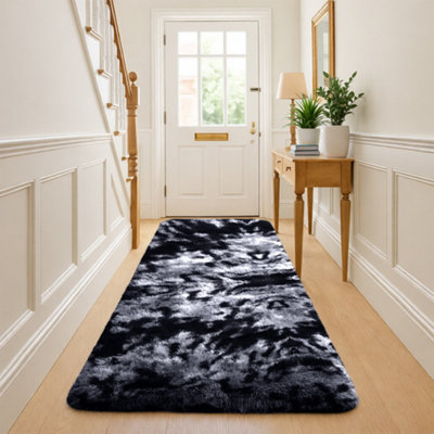 B&Q -  Tie Dye Grey Non-Slip Shaggy Runner Rug 60X220CmModern Area Rugs Living Room Bedroom Hallway Rugs