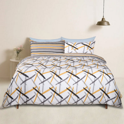 Bedlooms Ochre Stripe Printed Duvet Cover SetReversible & Hypoallergenic Bedding PackDouble 200X200Cm from B&Q
