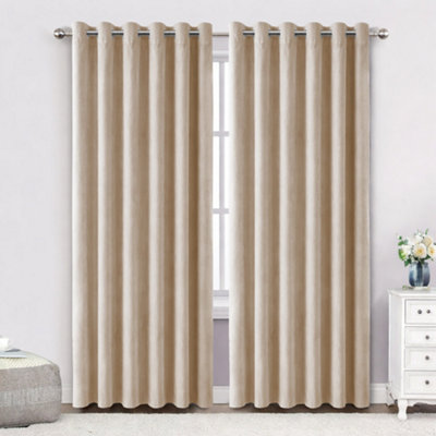 Bedlooms Beige Crushed Velvet Curtains Blackout Thermal Insulated Eyelet Curtain (Pair) 66 X 72 Inches With Tie Back Two from B&Q