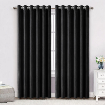 Bedlooms Black Crushed Velvet Curtains Blackout Thermal Insulated Eyelet Curtain (Pair) 66 X 72 Inches With Tie Back Two from B&Q