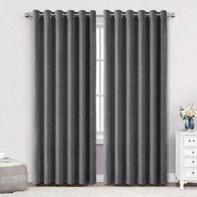 Bedlooms Charcoal Crushed Velvet Curtains Blackout Thermal Insulated Eyelet Curtain (Pair) 66 X 72 Inches With Tie Back Two from B&Q